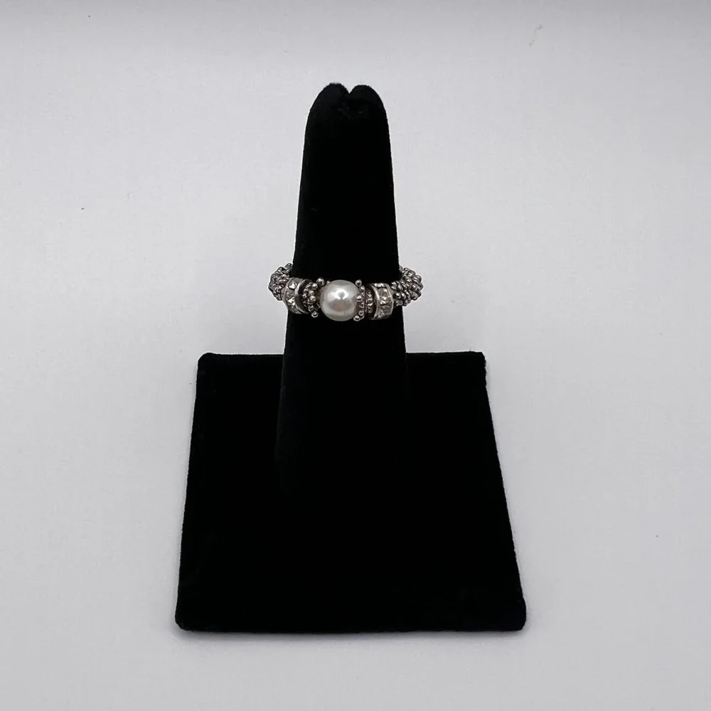 Cindy David Designs Stretch Ring Sz 5+ Silver Excellent Swarovski Pearl Bali